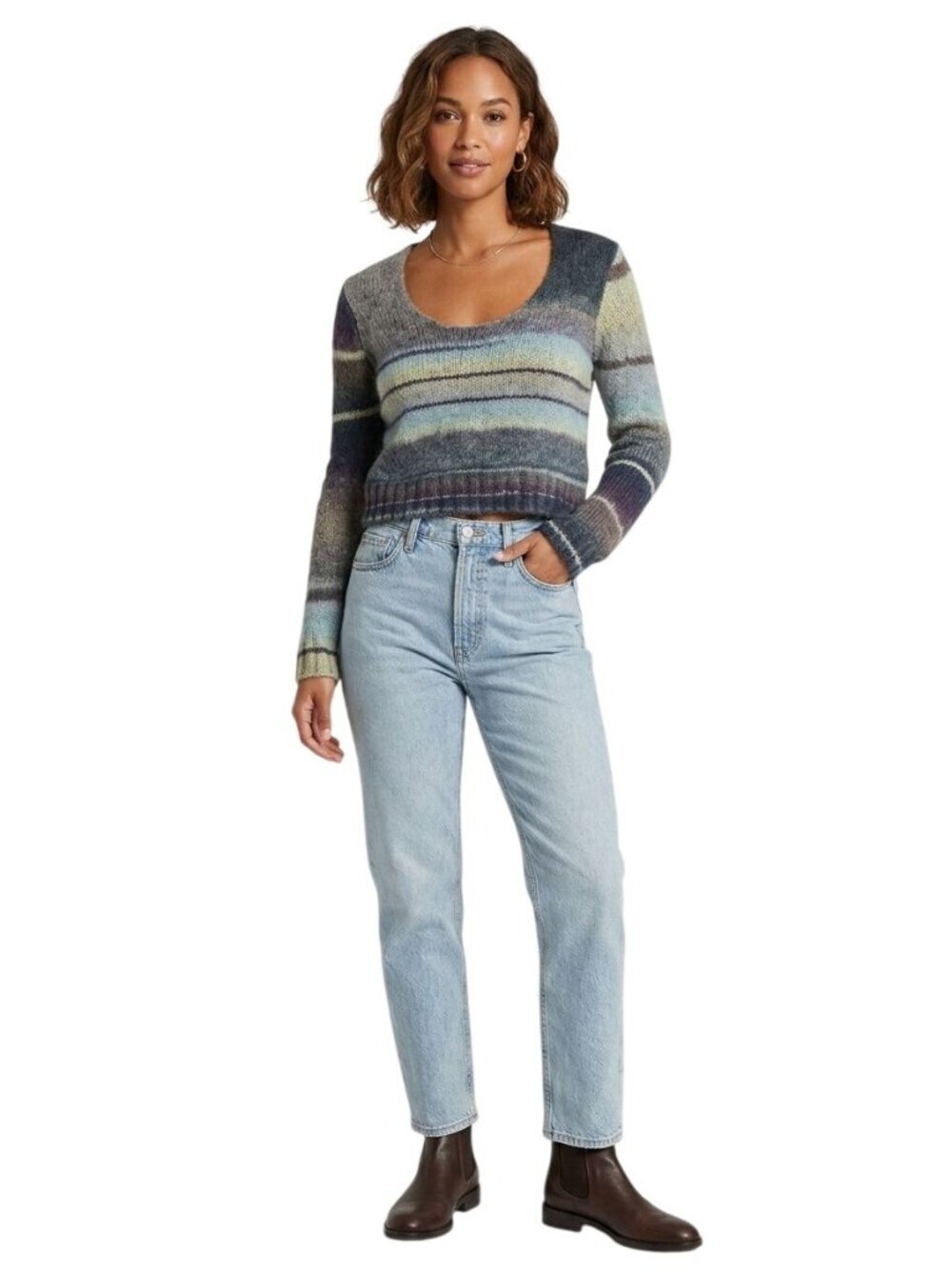 M By Michael Stars Striped Crewneck Alpaca Blend Cropped Sweater Size 1/L